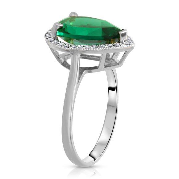 14K. SOLID GOLD RING WITH NATURAL DIAMONDS & LAB. CREATED EMERALD (White Gold) - Picture 2 of 4